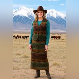 Vintage Tracy Evans LTD Southwestern Print Wrap Skirt and Vest Set